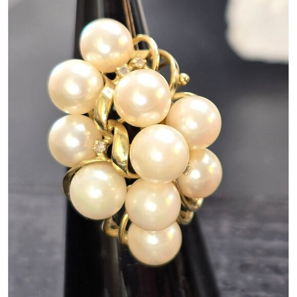 Vintage 14K Gold Cocktail Ring With Cultured Pearls & Diamonds Size 6.75 HS81 - Picture 3 of 16